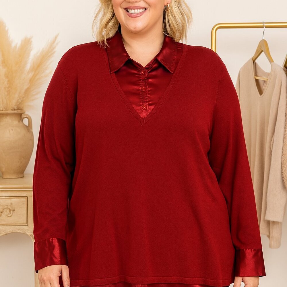 East 5th Red Long Sleeve Knit Blouse Satin Trim Plus 1X